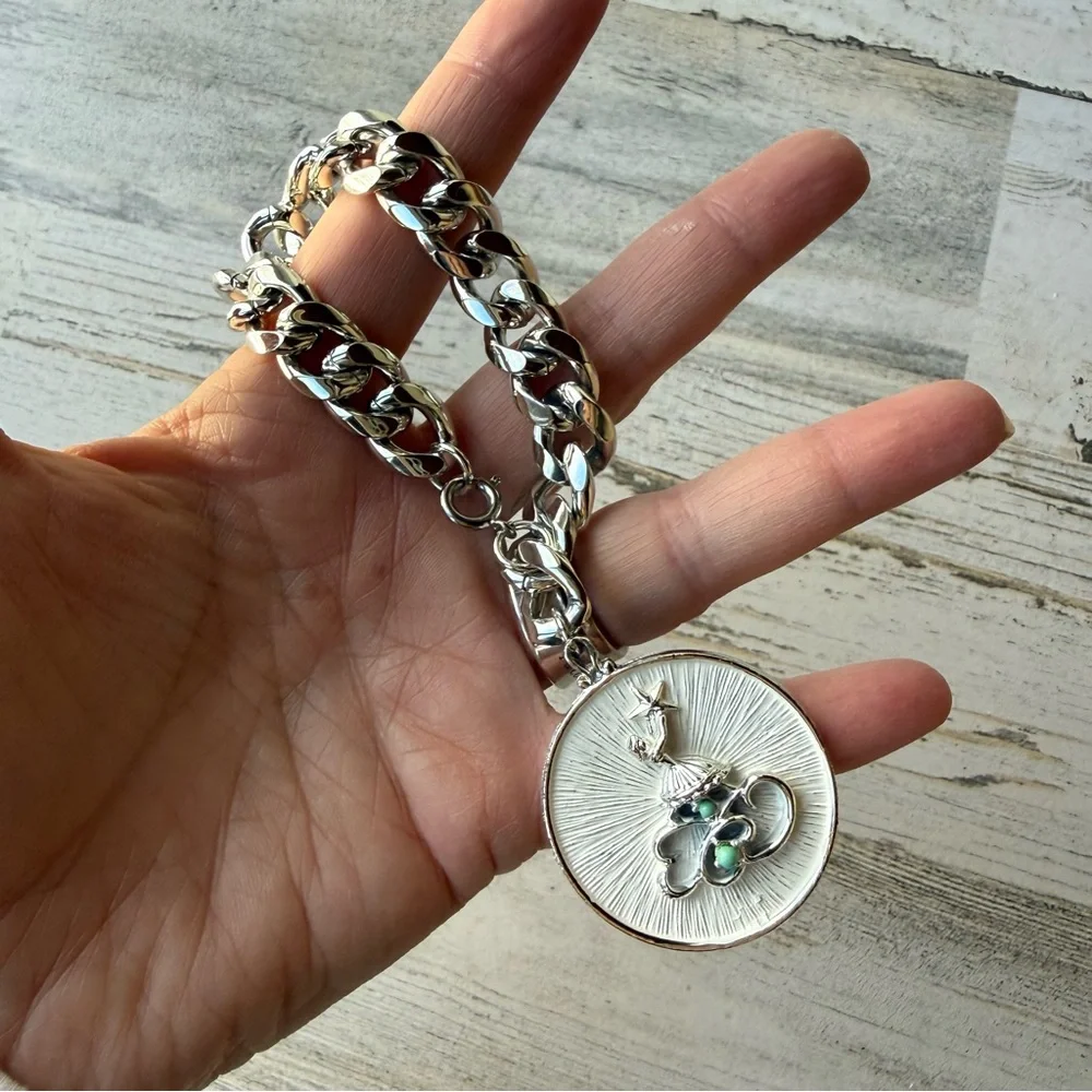 Vintage Mid-Century Silvertone Chunky Link Charm Bracelet 7.25
